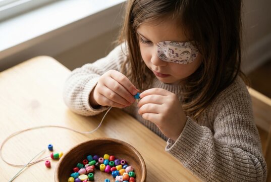 Young girl with colorful eye patch stringing beads