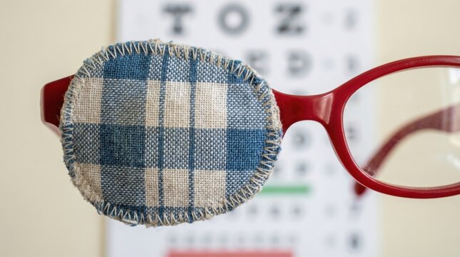 Red glasses with plaid eye patch for amblyopia treatment