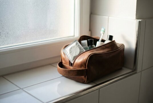 Leather toiletry bag with condom and travel kit on windowsill