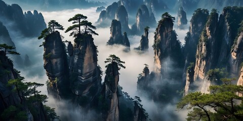 Majestic sandstone peaks in morning mist