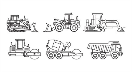 Construction Vehicle Icon Set – Heavy Machinery Line Vector for Engineering and Infrastructure Work © RNB DESIGN