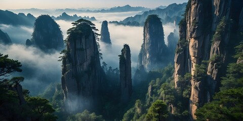 Foggy stone spires and pine forest