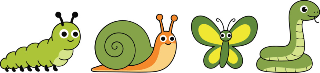 Cute garden animals collection caterpillar snail butterfly snake cartoon vector illustration set isolated background © Sumon Creative