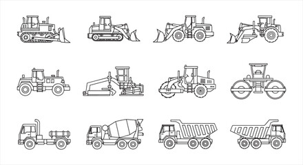 Construction Vehicle Icon Set – Heavy Machinery Line Vector for Engineering and Infrastructure Work © RNB DESIGN