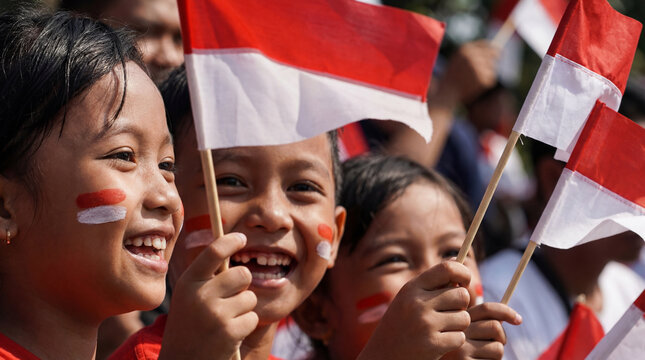 Joyful Crowd Of Children With Flags At Celebration.