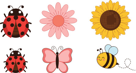 Cute garden elements collection ladybug butterfly bee flowers cartoon vector illustration set isolated background © Sumon Creative