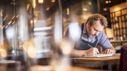 Obraz premium establishment. Small business owner focused on work at restaurant table with blurred background. pitch deck slides, case study pages, designed for brand storytelling and e-commerce strategy.
