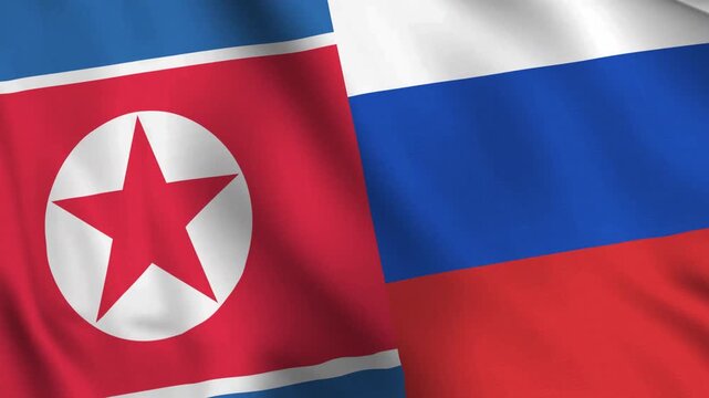 Diagonally aligned combined North Korea and Russia flags are waving in the wind. Realistic Slow Motion Animation. 4K Loop Motion Graphics.