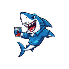 Naklejka premium Aggressive Shark Mascot Logo Holding a Drink in a Casual Blue Shirt, Fun Vector Illustration for Gaming, Sports Team Branding, or Bar Merchandise