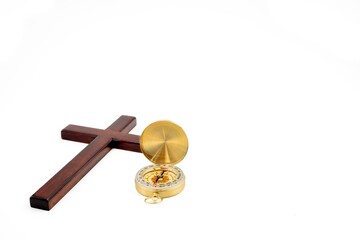 Open golden compass and Wooden on white background.  Copy space above and to the right side.