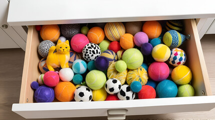 Slightly open drawer spilling cat toys hinting at feline adventure
