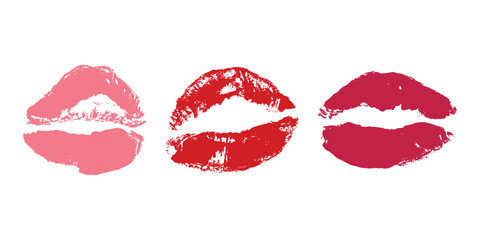 Fototapeta premium Set of lipstick kiss print Different shapes and colors imprint of lips Red pink female sexy lips makeup Design elements for beauty fashion poster Valentines Day wedding