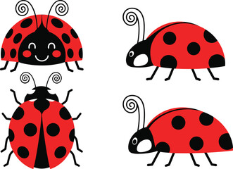 Cute ladybug vector set with red black spotted beetle characters in different views for kids illustration © Sumon Creative