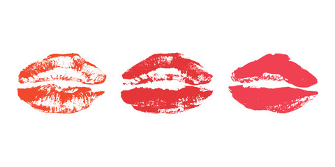 Set of lipstick kiss print Different shapes and colors imprint of lips Red pink female sexy lips makeup Design elements for beauty fashion poster Valentines Day wedding