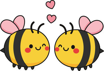 Obraz premium Cute loving bees characters with hearts cartoon vector illustration set isolated background