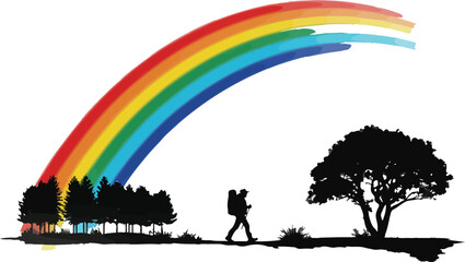 A vibrant rainbow arching across the sky, with its vivid colors ranging from red at the top to violet at the bottom.