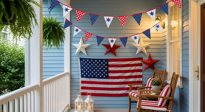 Patriotic 4th of july decorations on a cozy front porch