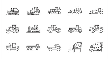 Construction Vehicle Icon Set – Heavy Machinery Line Vector for Engineering and Infrastructure Work © RNB DESIGN