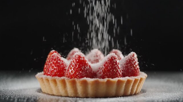 Slow-motion video of powdered sugar gently falling onto a fresh strawberry tart