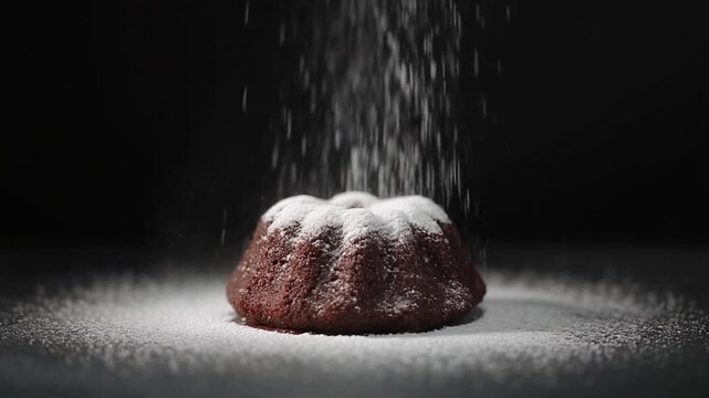 A delightful food video capturing powdered sugar gently falling onto a rich chocolate dessert