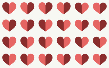 A colorful arrangement of small red heart shapes on a light background