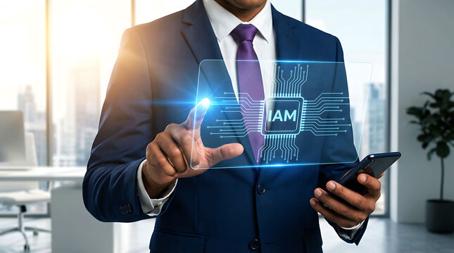 Businessman Interacting with Identity and Access Management IAM Hologram on Virtual Screen
