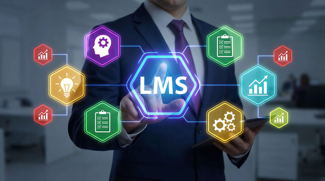 Businessman Touching Virtual LMS Interface for Learning Management System and Training