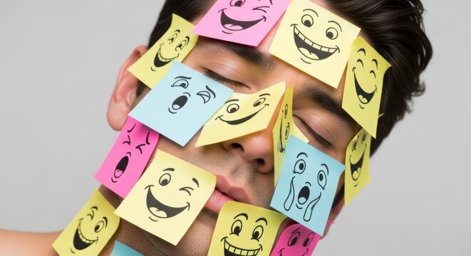 Man covering face with sticky notes featuring various emoticons.