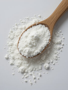 Glucono-delta-lactone, also known as gluconolactone. Pure GDL powder in wooden spoon on white background. Food additive E575. Acidity regulator, baking powder