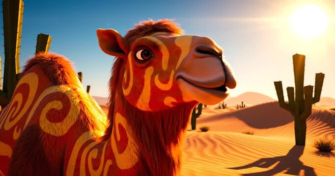 A vibrant camel with artistic patterns stands in a sunlit desert landscape with cacti