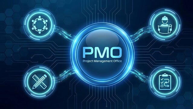 PMO acronym. Project Management Office (PMO) sets project management standards in an organization. abstract technology background