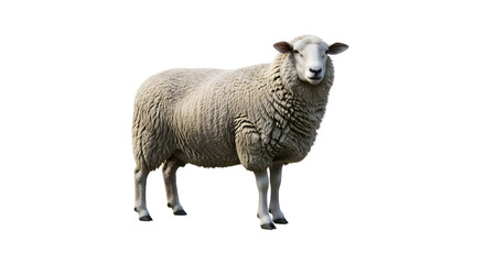 Fototapeta premium A single sheep standing on a white background, isolated and looking directly at the camera.