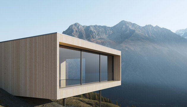Modern white architecture of a new residential villa featuring wooden exterior walls and large windows under a clear blue summer sky