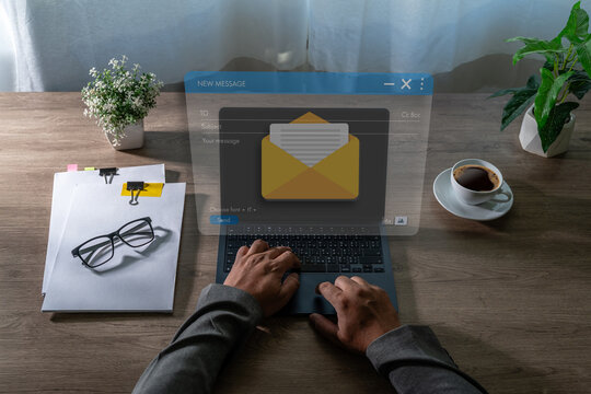 Inbox organization workflow concept with email compose on laptop, professional manages mail messages, inbox organization interface mail