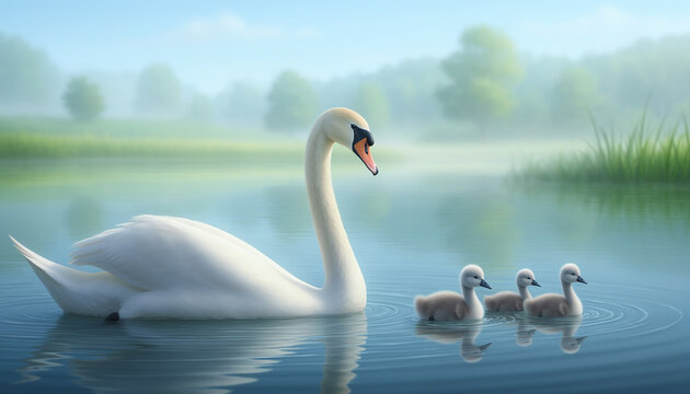 Two beautiful white mute swans with graceful feathers swim on the blue water of a nature pond, showing elegance through their reflection in the lake