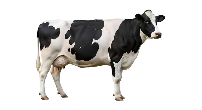 A black and white Holstein Friesian cow standing in a studio with a white background.