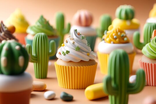 Festive Cinco de Mayo Cupcake Display with Colorful Cacti and Decorations