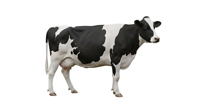 A black and white Holstein Friesian cow standing in a field with a white background.