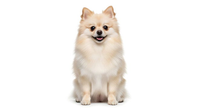A fluffy Pomeranian dog sitting and smiling with its tongue out, isolated on a white background.