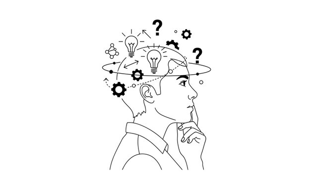 Black and white line drawing of a man with thought bubbles and symbols coming out of his head, conveying a thoughtful mood on a plain background.