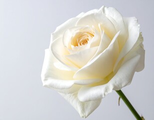 A close-up of a white rose with a green stem on a gray background