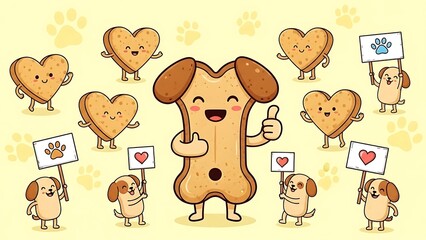 Fototapeta premium Cartoon bone and heart cookies with puppies holding signs on a yellow background