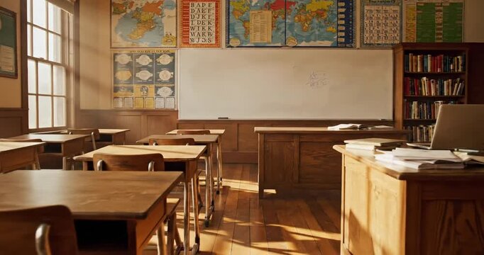 A warm, inviting classroom with wooden desks, maps on the walls, and a globe in the corner