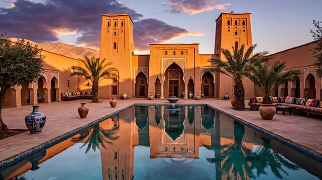 Traditional Moroccan palace courtyard with reflective pool and mountain view