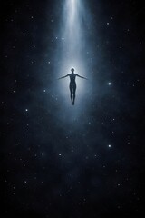 Naklejka premium Lone Figure Floating in a Starry Night Sky with Celestial Light