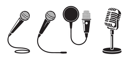 Collection of black solid microphone silhouettes including dynamic handheld and retro studio radio styles © Farik