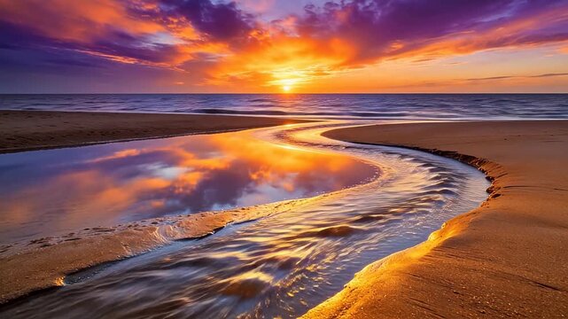 Tidal water channels on sandy beach reflecting sunset sky colors