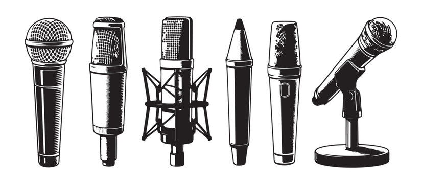 Set of vintage microphones vector illustration for music, podcast, radio broadcast, and sound recording