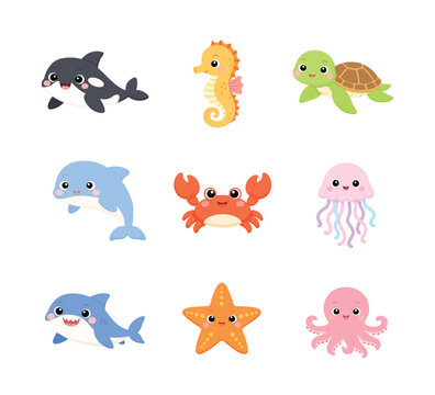 A playful and clean flat cartoon ocean animal set featuring orca whale, seahorse, sea turtle, dolphin, crab, jellyfish, shark, starfish, and octopus.