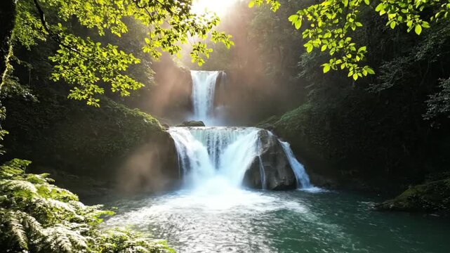 A serene waterfall cascading into a tranquil pool surrounded by lush greenery and rocky terrain in a secluded natural landscape viewed from a nearby vantage point with sunlight filtering through